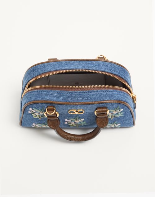 Valentino Garavani - Valentino Garavani Vlogo Signature Mini Top-handle Bag In Denim With Floral Embroidery - Denim - Woman - Top Handle Bags